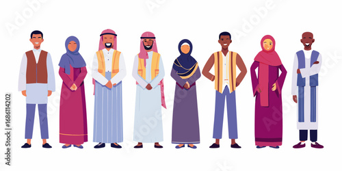 Diverse group of people in traditional middle eastern and african clothing standing together