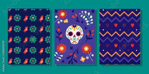 Three colorful day of the dead themed patterns featuring sugar skulls flowers birds and hearts