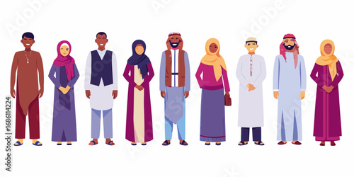 Diverse group of men and women in traditional islamic clothing standing together