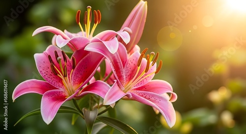 Vibrant Pink Lilies Blooming in Gentle Golden Sunlight