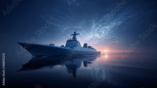 Modern Warship Sails into the Distance