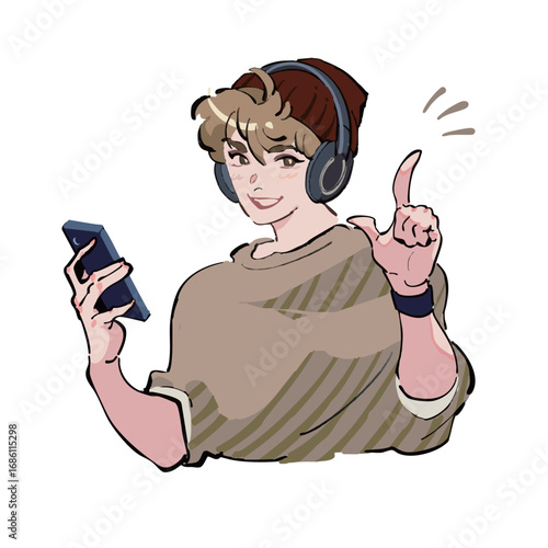ヘッドフォンで音楽を聴きながらスマホを見ている男性のアイコンイラスト　ひらめき　発見　解決　おすすめ

