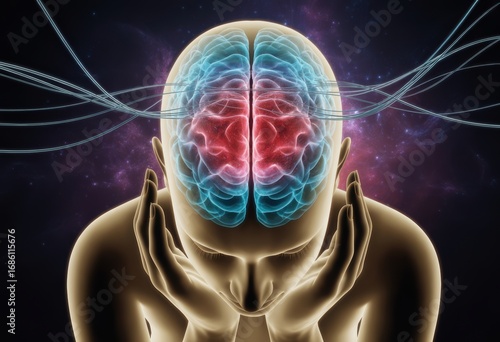 Conceptual digital art of a human head with a vibrant colorful brain and electrical connections