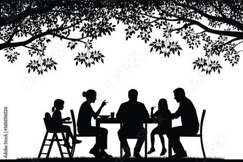 Silhouette of a Happy Family Dining Outdoors Under Tree Shade, Enjoying Quality Time Together in Nature, Vector Illustration Scene