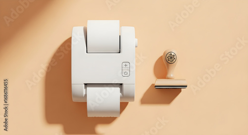 White thermal printer and wooden stamp with floral  on a peach label printer
