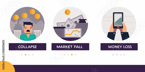 Financial crisis icons showing market collapse money loss and economic downturn with a person in distress