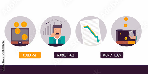 Financial crisis icons showing market collapse economic downturn and money loss