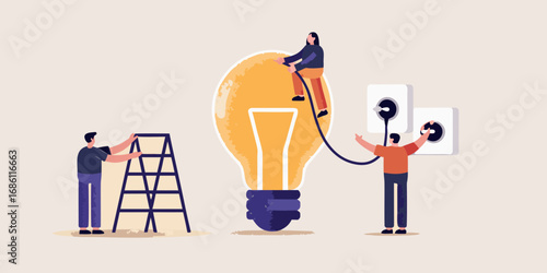 Team working together to connect a giant light bulb to power outlets for a new idea