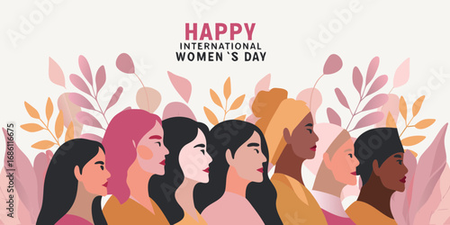Diverse group of women celebrated on international womens day surrounded by floral elements