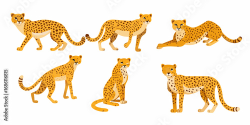 Collection of six stylized cheetahs in various poses on a white background
