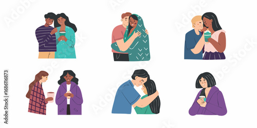 Diverse couples and friends embracing and sharing warm drinks in a comforting and affectionate display of connection