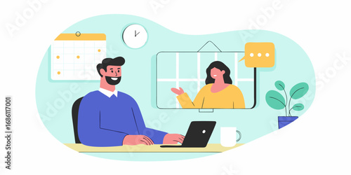 Man and woman having a video conference call discussing work or projects together online