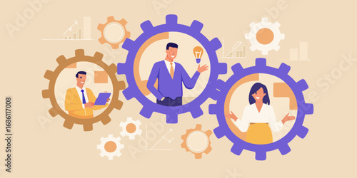 Diverse business professionals collaborating within interconnected gears representing teamwork and innovation