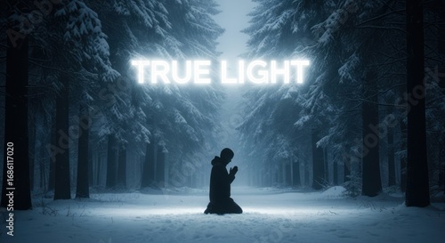 Man Praying in Snowy Forest Illuminated by True Light