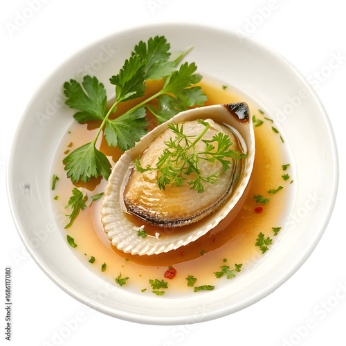 Steamed Abalone in Shell with Parsley Garnish: Gourmet Seafood Dish on transparent background