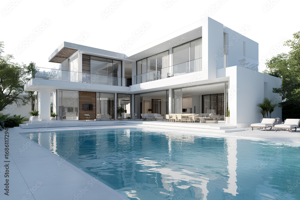 Fototapeta premium Luxury Modern White Villa with Balcony and Pool, Front Perspective View, Transparent Background.png