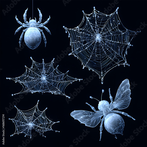 Collection of glowing crystalline spider bee and spiderwebs.
