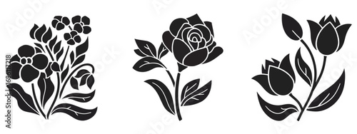 Minimalist Flower Silhouette Vectors – Black Floral Shapes Isolated on White Background for Botanical Clipart, Decorative Elements, Logos, and Modern Graphic Design Resources