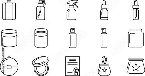 Container icons, packaging vector, cosmetic bottle outline, dropper, spray, pump, jar, pouch, household product, minimal line art