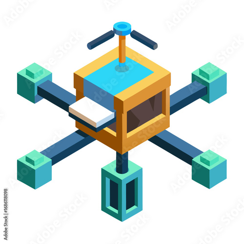 a central cube-like structure with a hub and spokes. It is connected to six surrounding cube-shaped nodes, representing a concept of network, data, server, or interconnected technology.
