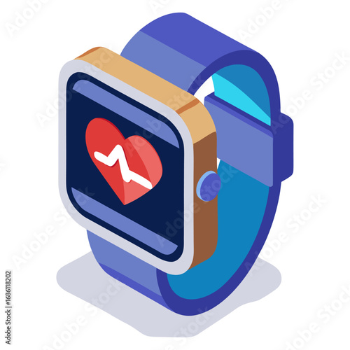 a modern smartwatch with a blue band. Its screen displays a red heart and a white heart rate line, symbolizing health monitoring, fitness tracking, and personal well-being.