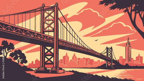 Golden gate bridge vector graphic in an artistic style showcasing the iconic bridge of san francisco. Suitable for travel brochures or citythemed designs.