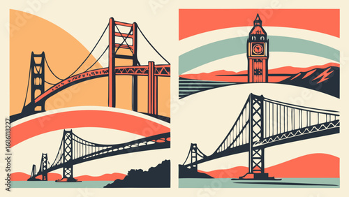 Golden gate bridge and big ben juxtaposed in a san franciscolondon mashup, ideal for travel posters, city guides, and tourist brochures.