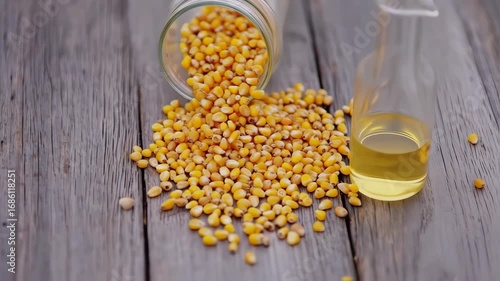 Scattered yellow corn kernels beside a glass container of oil on a weathered wooden surface
