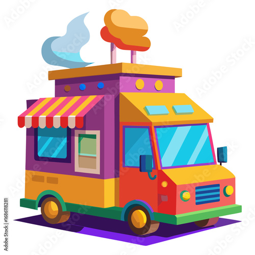 isometric illustration of a colorful food truck with an awning, menu window, and food items on the roof.

