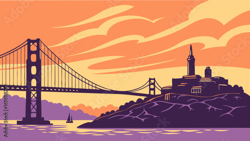 Golden gate bridge and alcatraz island shine in this captivating scenic picture. Suitable for travel brochures, website banners, and postcards.