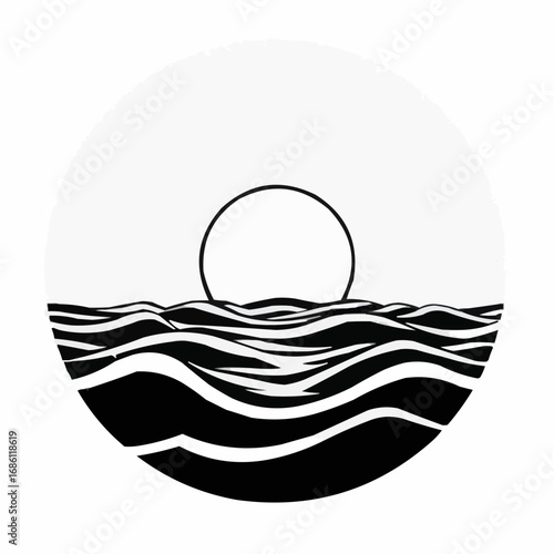 Minimalist line art illustration of ocean waves and sun in a circle on a white background representing tranquility concept