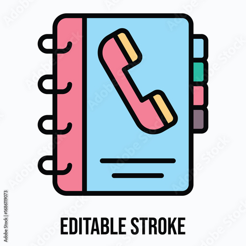 Address Book with Phone Symbol Isolated Vector Lineal Color Style Icon, Editable Stroke