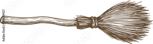 A detailed line art of a flying witch's broomstick. Ideal for Halloween designs, magical themes, or vintage spellbook art.