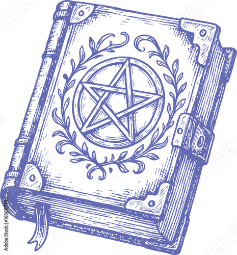A vintage bewitched spellbook illustrated in fine pen-and-ink style. Ideal for Halloween, magic themes, and occult designs.