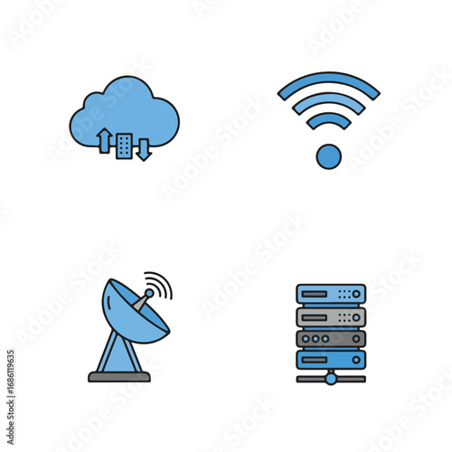 Four technology icons in a grid Cloud WiFi satellite dish and server rack blue with outlines