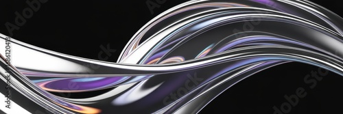 Abstract flowing lines of iridescent chrome metal fabric swirls with purple hues and shimmering reflections