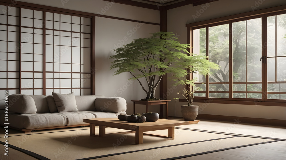 Fototapeta premium Serene living room interior design modern home image background cozy environment natural light minimalist concept