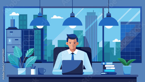 Man working on laptop in modern office with city view