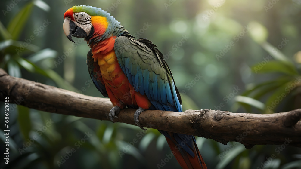 Obraz premium Vibrant parrot perched on a branch lush forest background wildlife photography natural environment close-up view colorful concept