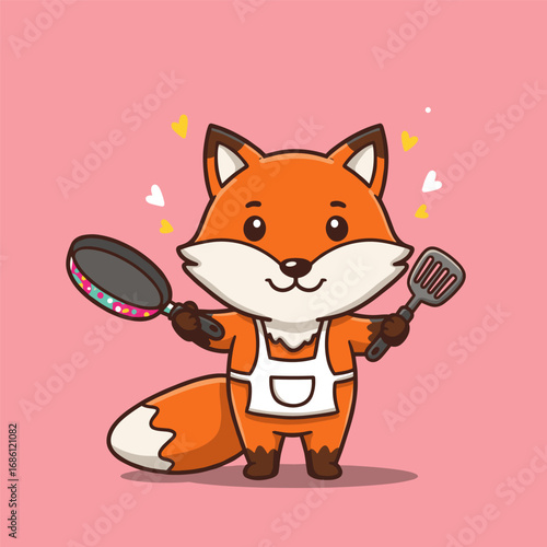 Cute cartoon fox chef with apron, frying pan, and spatula, surrounded by hearts on a pink background.