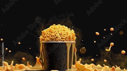 Noodles overflow black cup amidst liquid splashes against dark backdrop