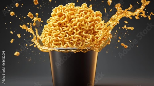Golden noodles overflow from a black cup amid scattered droplets