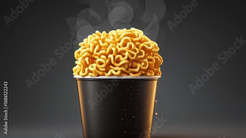 Noodles overflow a cup accompanied by a golden liquid splash and scattered golden specks against a dark background