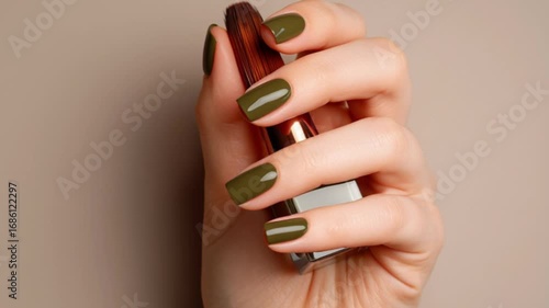 Hand holds bottle of olive green nail polish matching the nails on fingers against a tan background
