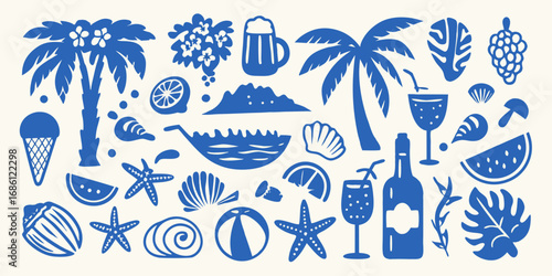 Vibrant blue summer vacation icons and symbols on a cream background