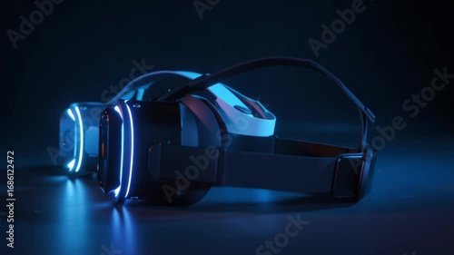 Two VR headsets are showcased in a dark setting lit with blue neon outlines