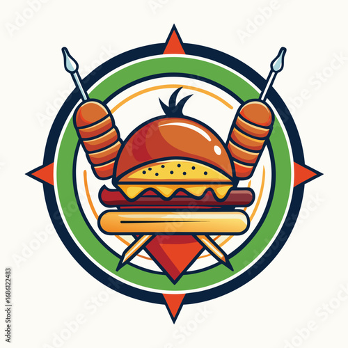 Burger and corn dog emblem with compass rose design