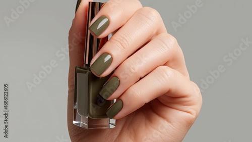 A hand holds an olivegreen nail polish bottle nails painted in matching color against a neutral backdrop
