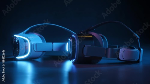 Two virtual reality headsets one white one black with neon outlines sit against a dark reflective surface