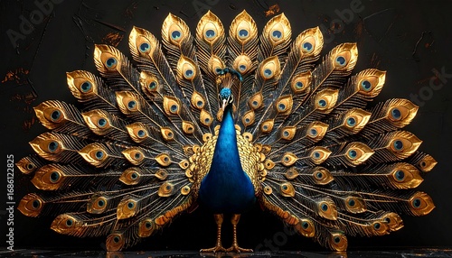Golden foil embossed artwork of a peacock with spread feathers